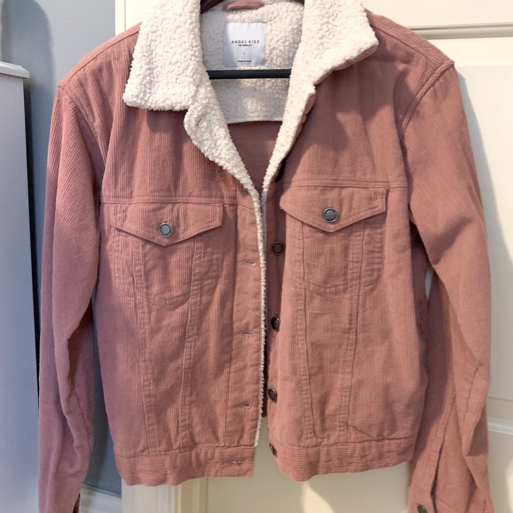 Pale pink Sherpa lined denim jacket size large